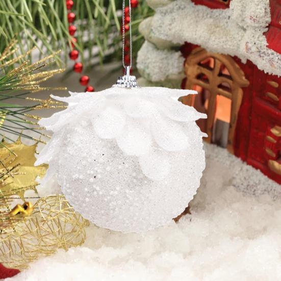 2/3Pcs White Christmas Ball Ornaments Glitter Flower Foam Ball Decoration Xmas Tree Hanging Pendant for Holiday Party Wedding Home Decor