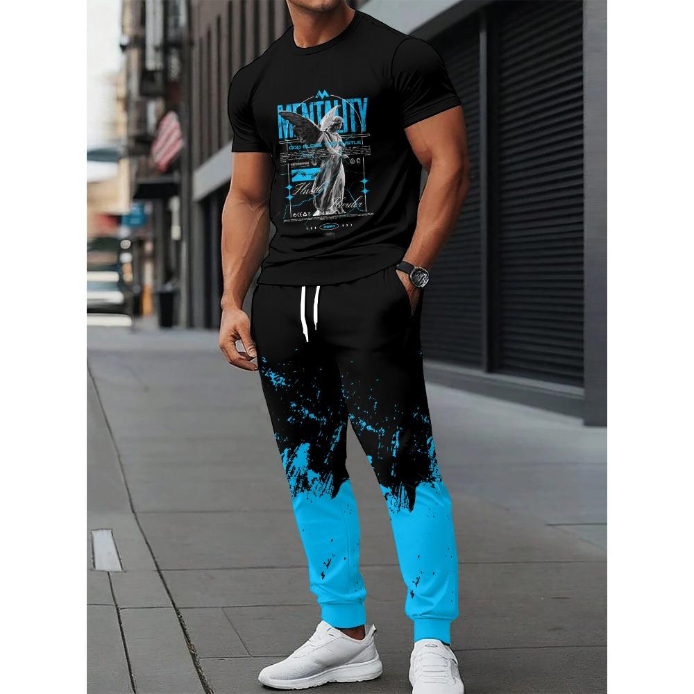 Summer New Men's Short-Sleeved Long Pants Set with 3D Letter Pattern Printing - Street Casual Fashion Soft and Comfortable