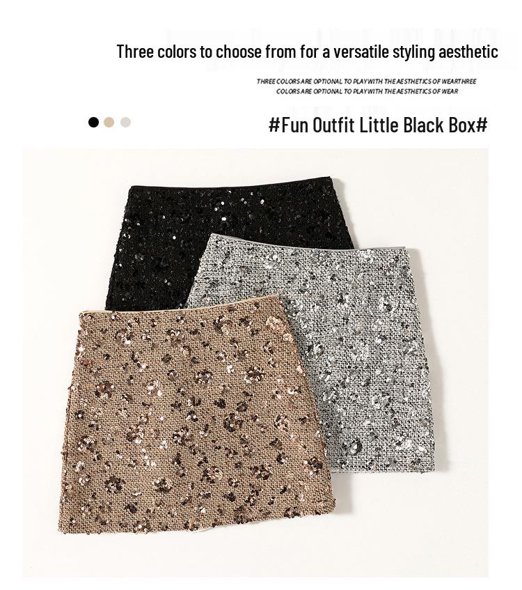 Women's Autumn/Winter 2025 Sparkling Sequin Wool A-Line Skirt - High Waist, Hip-Hugging, Slimming Short Skirt