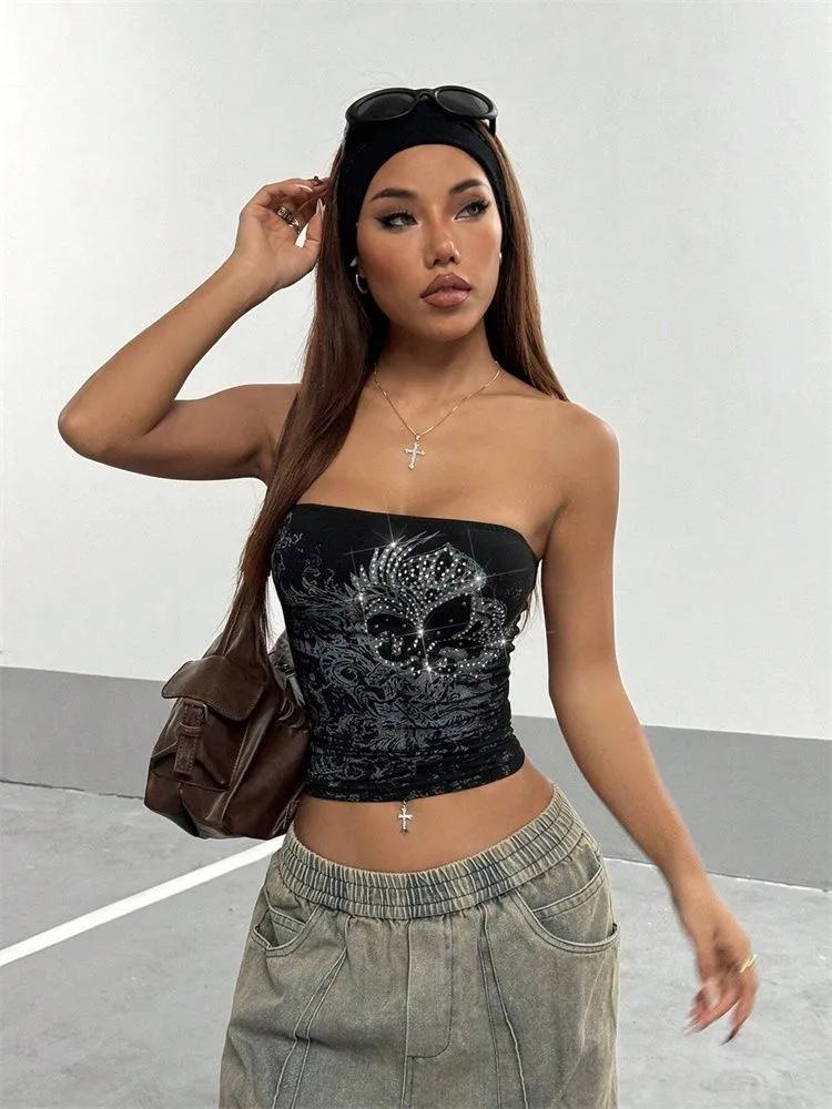 Crop Top phumee Sleeveless Rhinestones Off the Soulder A2457