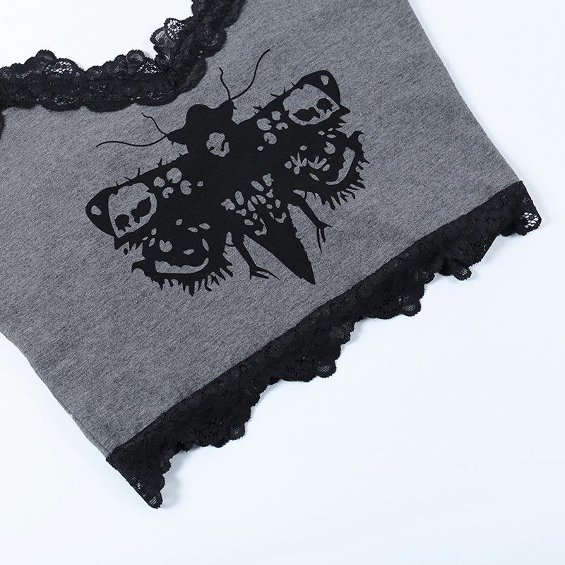 GMXIA Spice Lace Patchwork Halfter Dark Wind Persönlichkeit Moth Print Abnehmen Temperament Top Lady