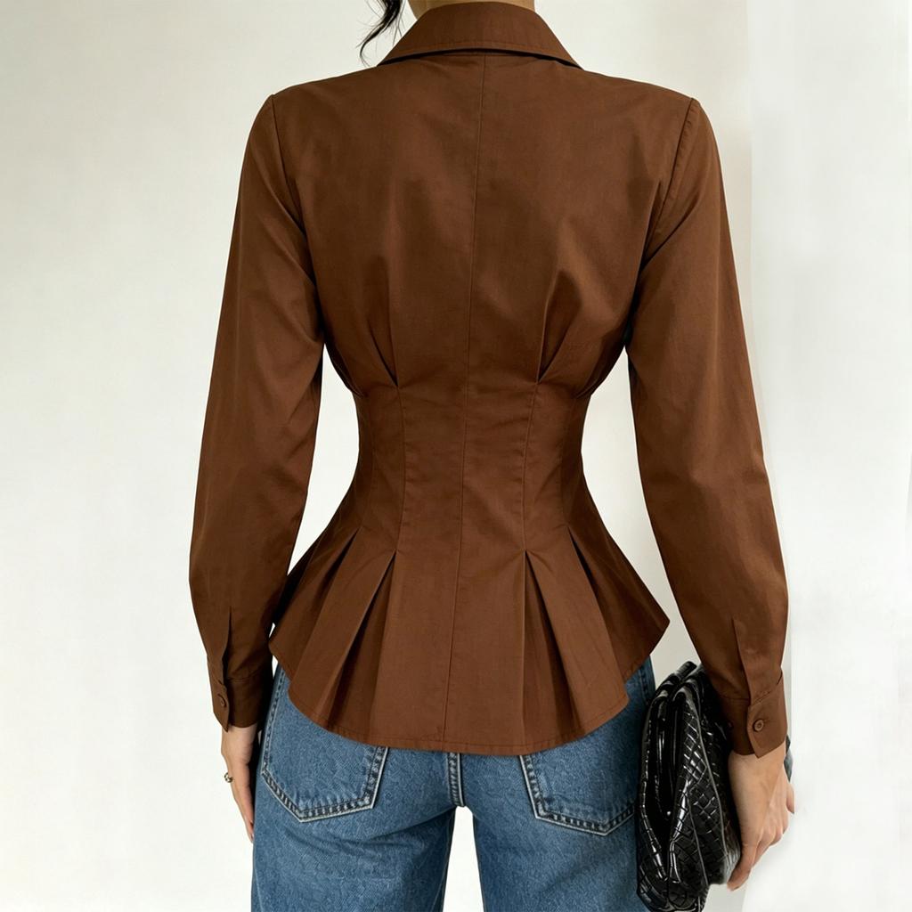 Women Long Sleeve Button Down Shirt Ruffled Waist Peplum Blouse Tailored Fit Collared Shirt Casual Office Wear