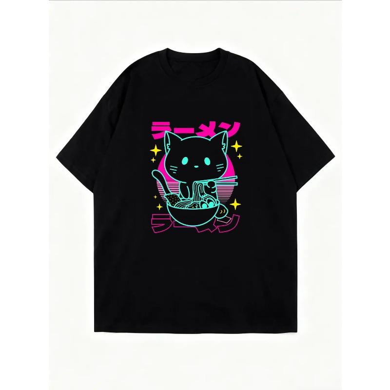 Urocza koszulka z kotem i ramenem biała kawaii kot jedzący makaron z japońskim tekstem i wzorem gwiazd do noszenia na co dzień