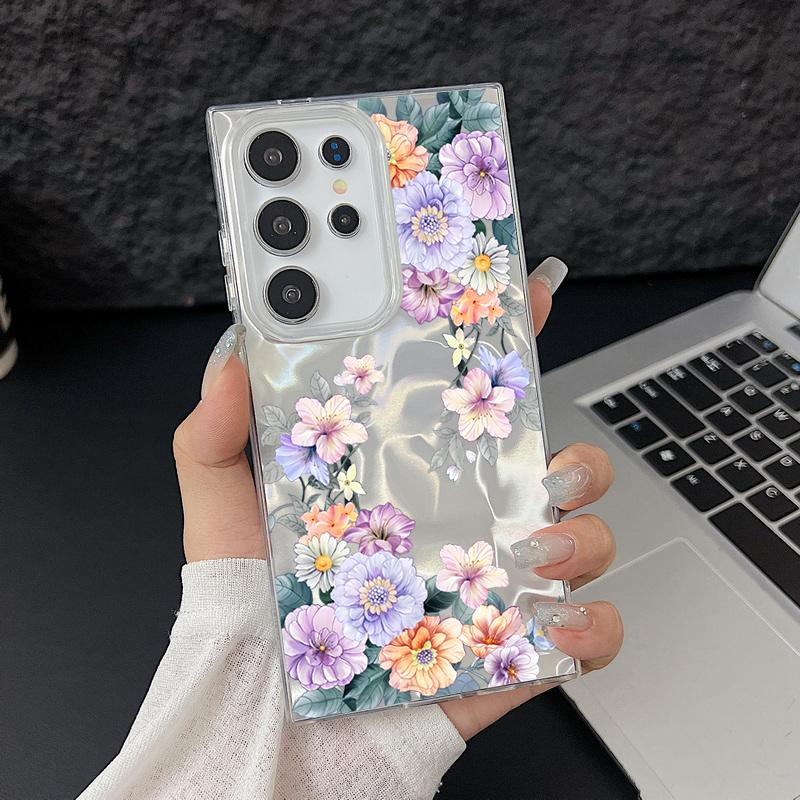 Motif Floral Pailleté Étui Arrière Slim Rigide en PC Pour Samsung S25 Ultra S24 FE S23 A36 A56 A16 A55 Plume Étincelant Antichoc Bord Souple TPU Coque de Téléphone