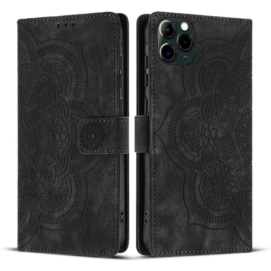 

For iPhone 11 Pro Max Leather Case WANLONFENG HDM Series Mandala Imprint Wallet Stand Phone Cover Black