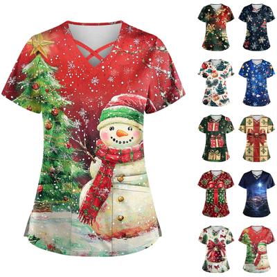 Women's Christmas Print Uniform Work Uniform V-Neck Pocket Protective Work Uniform