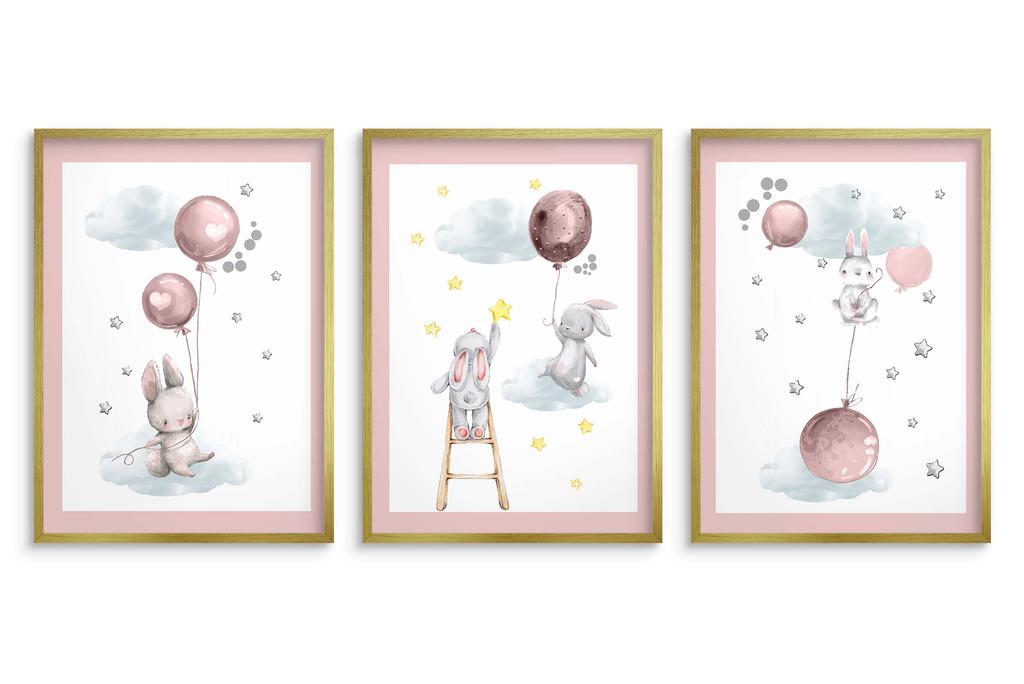 Zestaw Plakatów Dla Dziecka Króliczki Balony Pastelowy Róż Obrazy 30x40