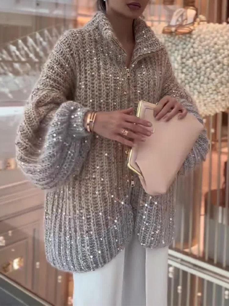 Женский кардиган свитер из трикотажа с пайетками на молнии и с длинными рукавами и воротником-стойкой XL верблюд 4980₽