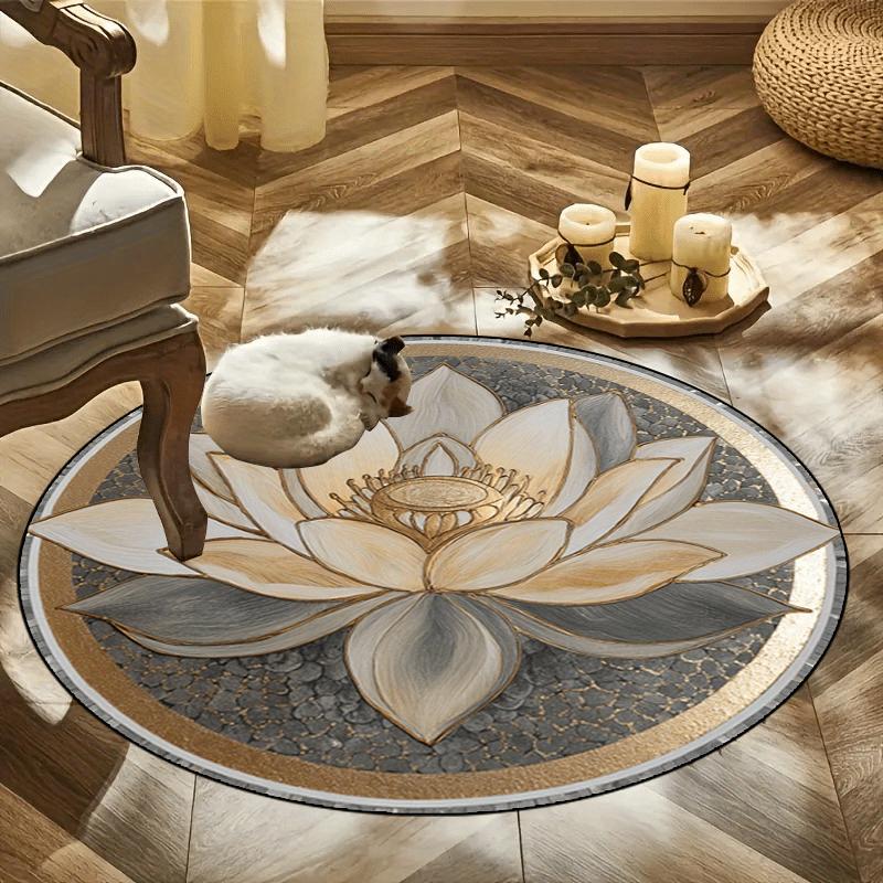 

Элегантный бежево-коричневый для круглых напольных ковриков с цветочным узором лотоса, коврик-дорожка для кухни, прихожей, ковер для спальни, гостиной, мягкий ковер, противоскользящий коврик 60X60cm