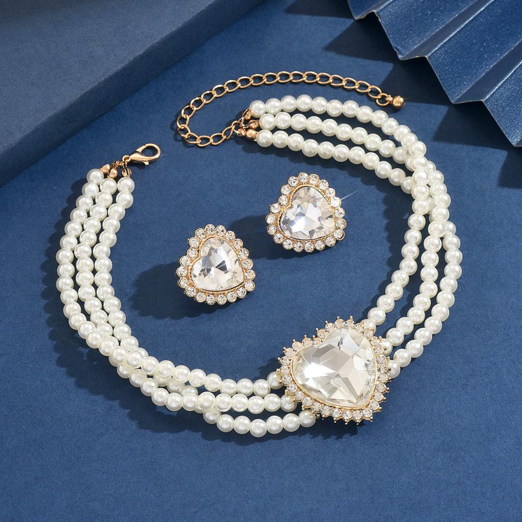 3PC Women's Fashion Peach Heart Pearl Series Necklace, Earrings, and Jewelry Set, Suitable for Wedding, Party, and Festival Gift