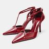 Retro T-Strap Women Pumps Wine Red Patent Leather High Heels Pointed Toe Sexy Vintage Party Dress Shoes Zapatos Mujer