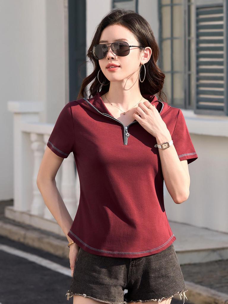 Women's Slim Fit Hooded Short Sleeve Zipper T-shirt - New Korean Style 2026, Solid Color Fashionable Top