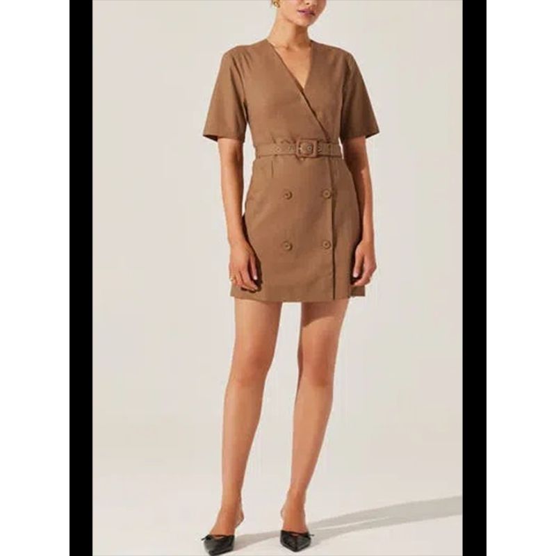 

European and American Single as @ Tr Niche Design Simple Solid V-neck Double Breasted Cotton Linen Waist Hugging Slimming Short sleeve Dress Brown (there will be color difference) M