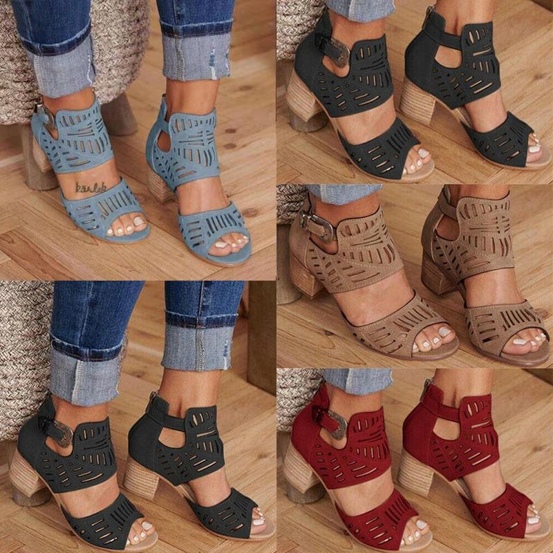 Elegant Women Chunky Block Heels Sandals With Peep Toe And Ankle Strap Buckle