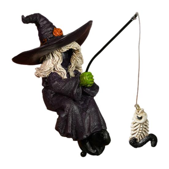 Halloween Fishing Witch Figurine Spooky Cartoon Witch Statue Resin Sculpture Home Office Desktop Holiday Party Decoration Ornament