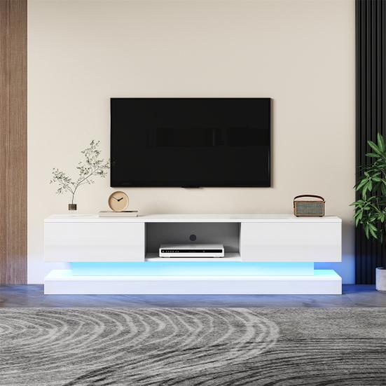 TV Media Cabinet, White High-Gloss TV Cabinet with LED Light, 2 Drawers, App Control, Anti-Tilt Design, for 60-Inch TV