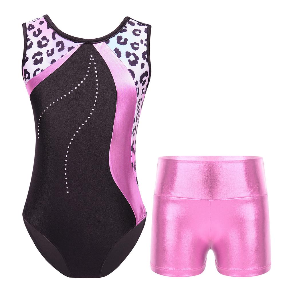 Girls Dance Leotard Sleeveless Patchwork Print Metallic High Waist Shorts Gymnastics Performance Outfit