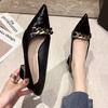 Fashion Shoes For Women Black Chain Square Heels With Medium Luxury Leather Casual Pointed Toe Office Woman Footwear Lastest Non Slip E