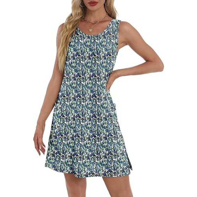 Women's Print Casual Sleeveless Vest Pocket Dress