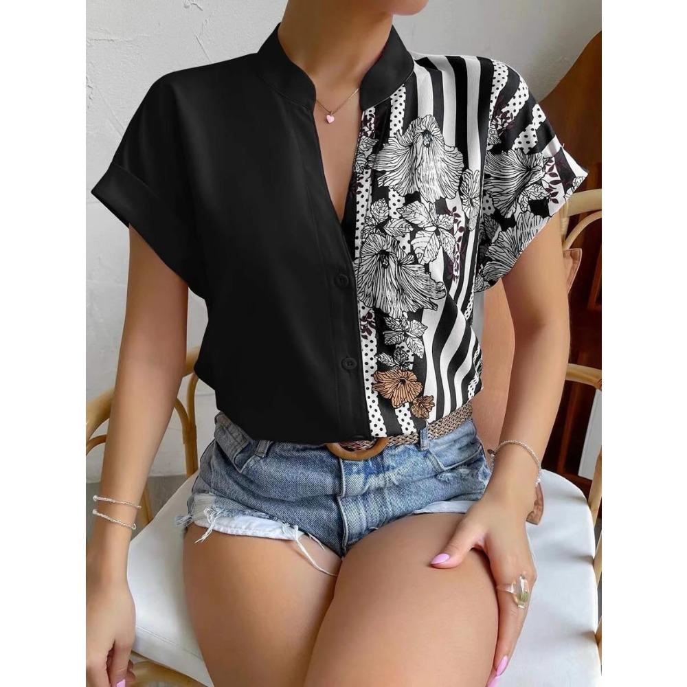 GMXIA Summer Women's Semi-open Collar Fashion Print Patchwork Casual Shirt