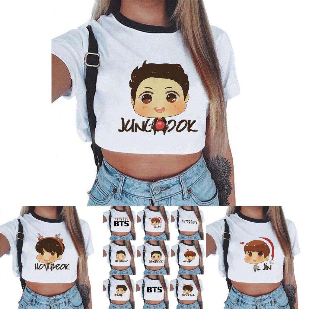 Kpop Bts Bangtan Boys Kortärmad Damtopp Med Söt Figurdesign Perfekt För Sommaren