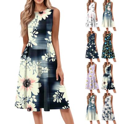 Women's Casual Fashion Floral Print Round Neck Sleeveless Midi Dress