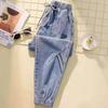 Womens Elastic High Waist Denim Trousers Drawstring Jogger Harem Pants Long Ankle Trousers Blue Loose Cowboy Pants New 2024