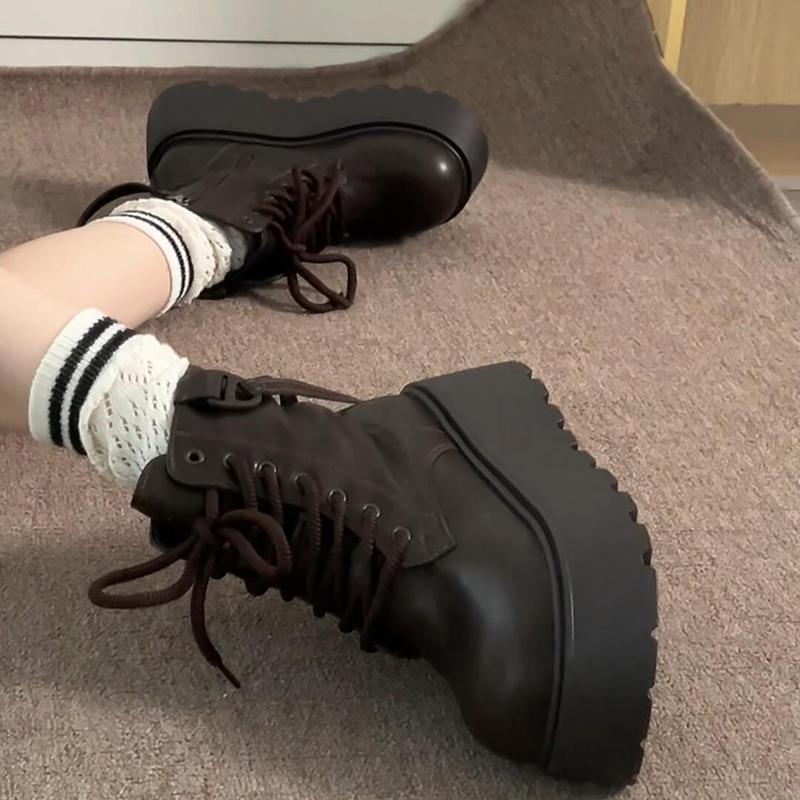 Chunky Platform Heel Women Ankle Boots Fashion Lace Up Shoes Autumn Winter Short Booties  De Mujer