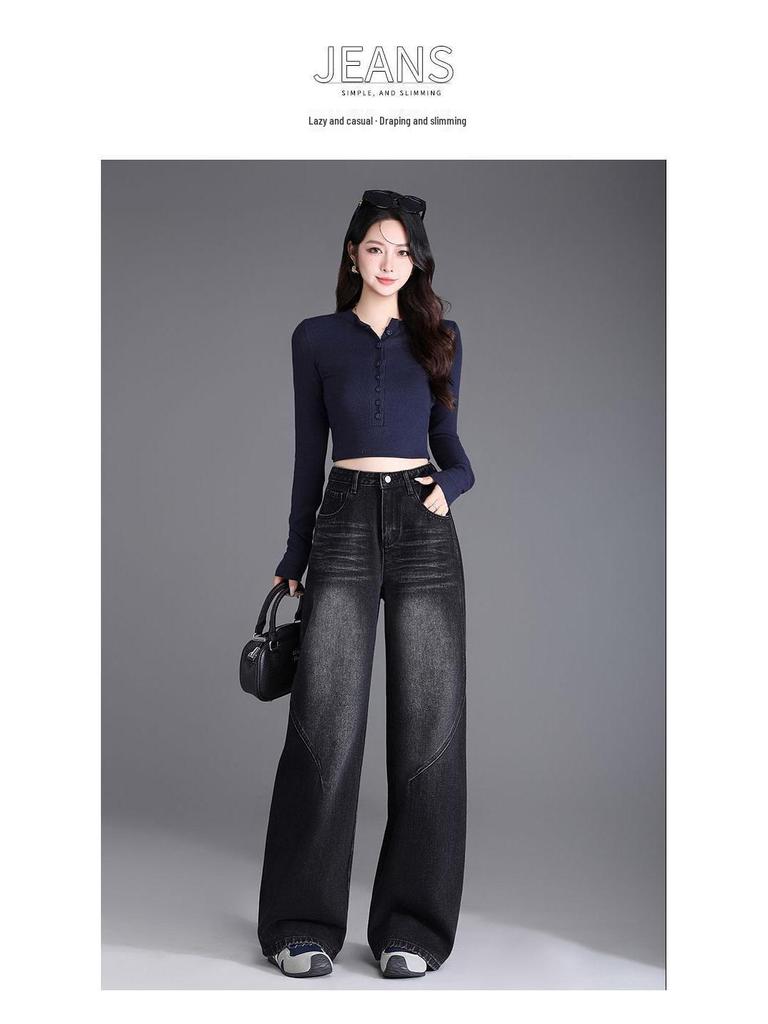 Women's High Waist Velvet Straight Leg Jeans - 2025 Trendy Narrow-Wide Pants for Autumn & Winter