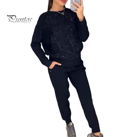 

2 шт./комплект женский топ брюки костюм со стразами декор О-образный вырез длинные рукава пэчворк спортивный свитшот эластичный пояс брюки фитнес-наряд осень весна XXXL чёрный
