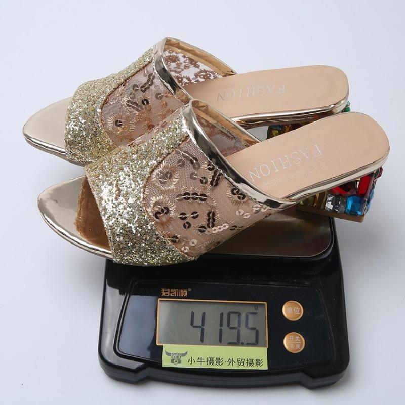 Women's Sequin Peep Toe Single Strap Mid Heel Sandals, Chunky Heel Summer Slides
