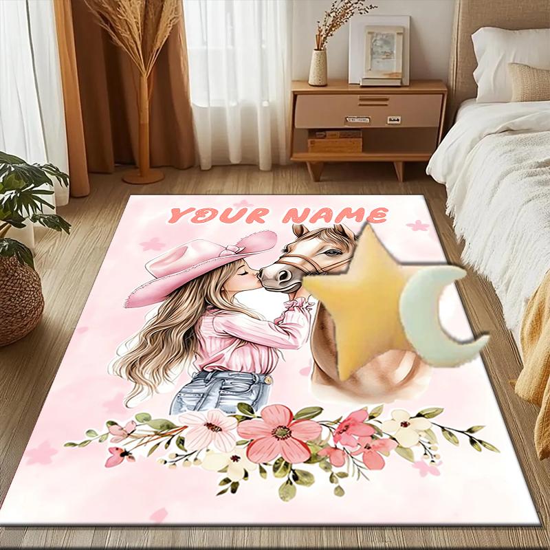 1PC Custom Name Girl Horse Friendship Theme Floor Mat Ideal for Living Room, Game Rooms, Office, Bedroom, Floor Mat Playful Design