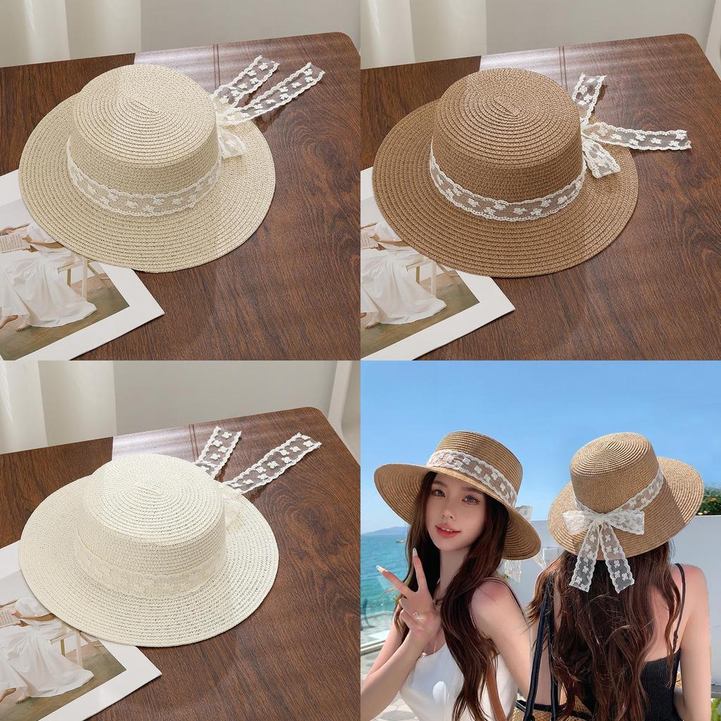 Summer Straw Hat With Lace Ribbon Large Brim Sun Protection For Beach Vacation Women