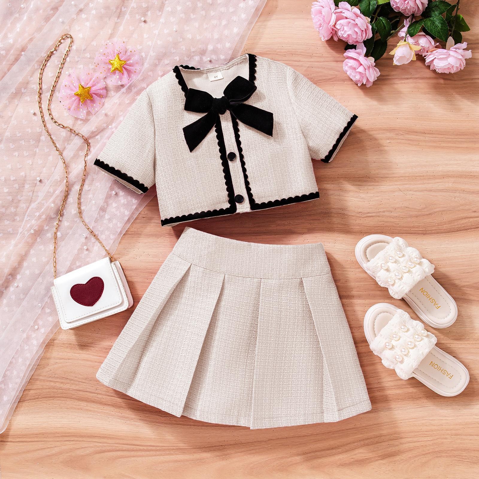 

Модный и милый комплект для девочек. Летняя детская рубашка с короткими рукавами и бантом + плиссированная юбка. 6Y абрикосовый