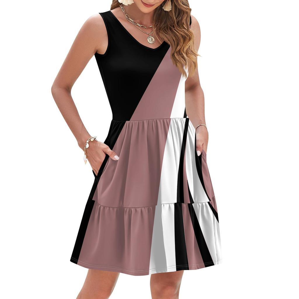 Women's Summer Fashion Casual V-neck Fold Splicing Polka Dot, Color Block Splicing Print Sleeveless Pocket Vest Dress