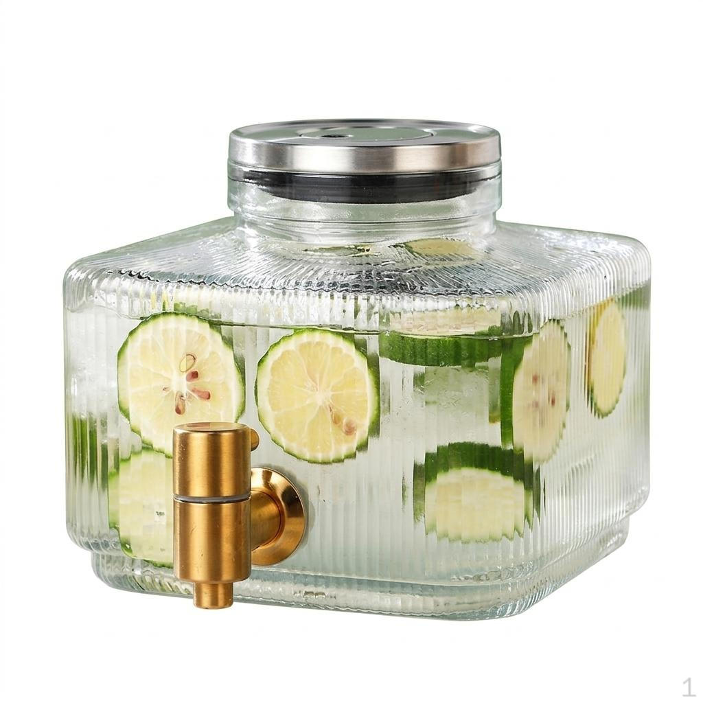 Glass Drink Dispenser with Spigot, 8L Beverage Bamboo Wood Base, Cold