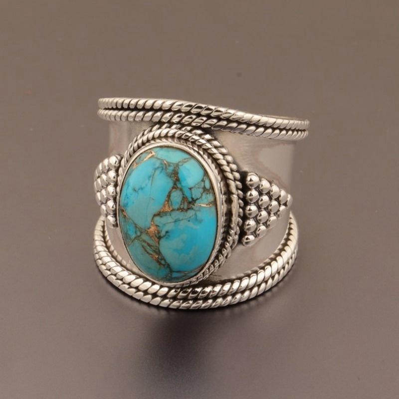 Bohemian Vintage Geometric Imitation Turquoise Ring for Women's Ethnic Jewelry, Daily and Party Clothing Accessories