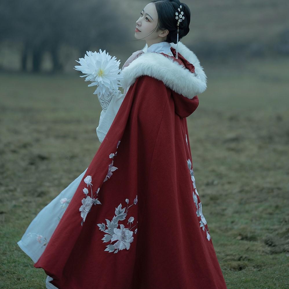 Women s Fleece-Lined Thick Fur Collar Cloak Cape Shawl - Autumn/Winter New Arrival Hanfu Style Standard Size красный