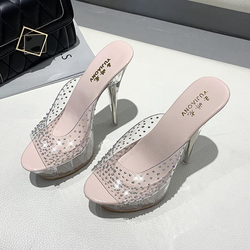

Босоножки на высоком каблуке большого размера новая обувь прозрачные сандалии с открытым носком шпилька хрустальные женские туфли 41 розовый
