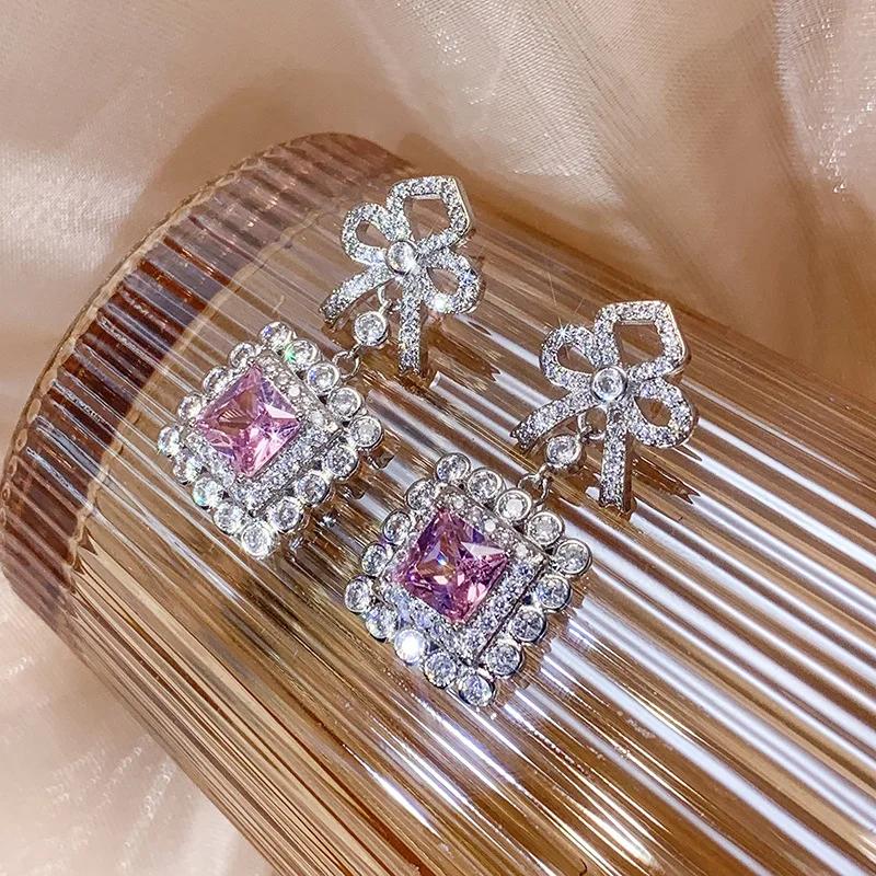 New Elegant Pink Pendant Bow Drop Sterling Silver Earrings Crystal Zircon Ladies Earrings Silver