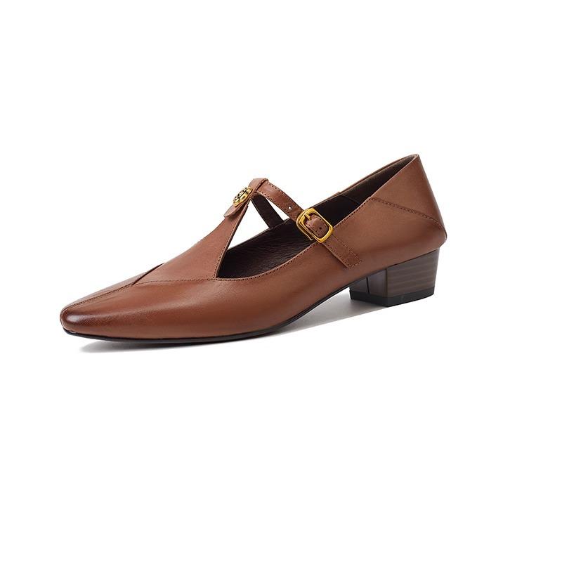 French Retro Camellia Mary Jane Women's Shoes Spring and Autumn Leather Brown T-word with Thick Heel Single Shoes Medium Heel Small Leather Shoes