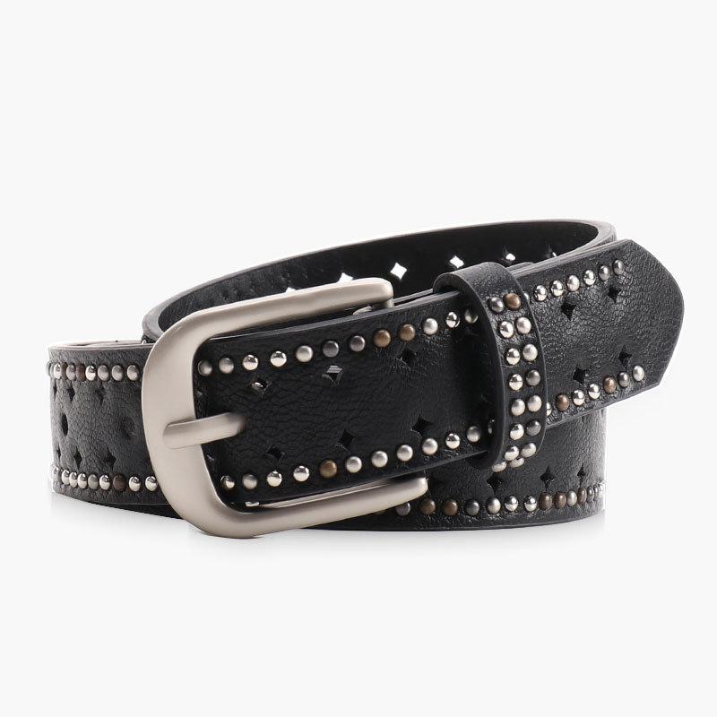 Belt for Women, Versatile Jeans Punched Decorative Belt Punk Double Row Rivet Niche Design Belt for Women