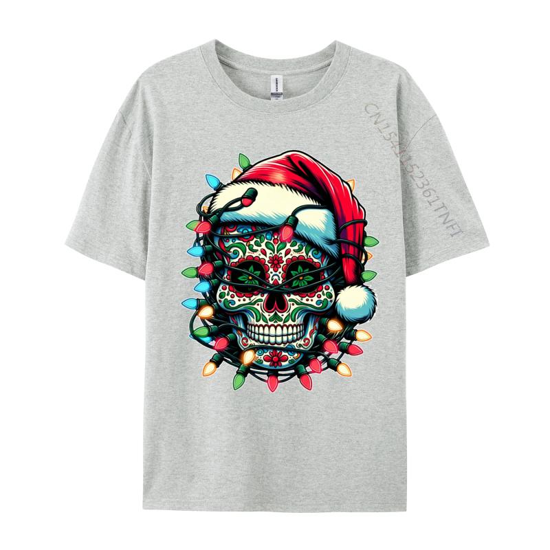 Weihnachten Zuckerschädel Weihnachtsmannmütze Lichter Tag der Toten X-Mas T-Shirts Herren T-Shirt Tops Baumwolle Oversized T-Shirt Herren Kleidung