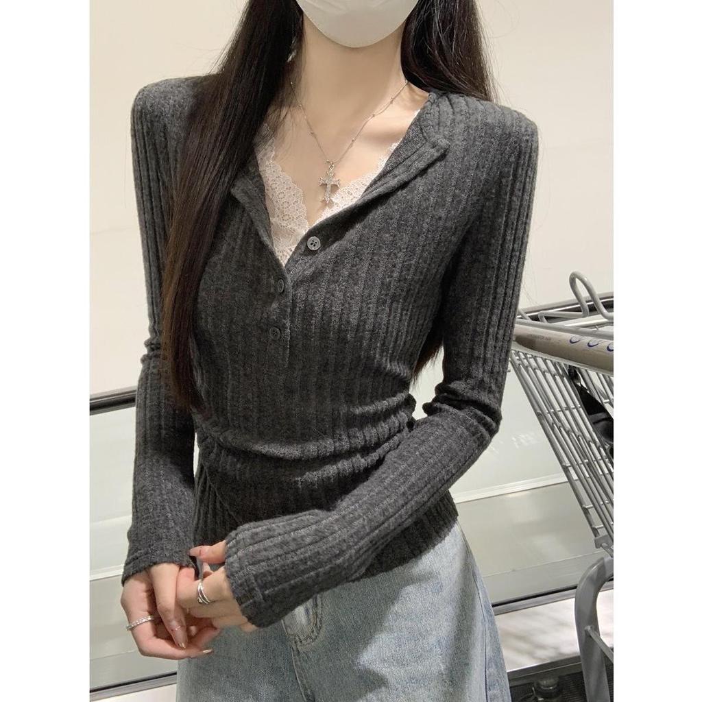 Gray Two-Piece Lace Knit Sweater for Women - Long-Sleeved Autumn Slim Base Layer Top