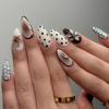 24PCS Black Polka Dots Simple Almond Press On Nails with Glue 3D Flowers Autumn Winter French Fake Nails Spice Girls Sweet Nails