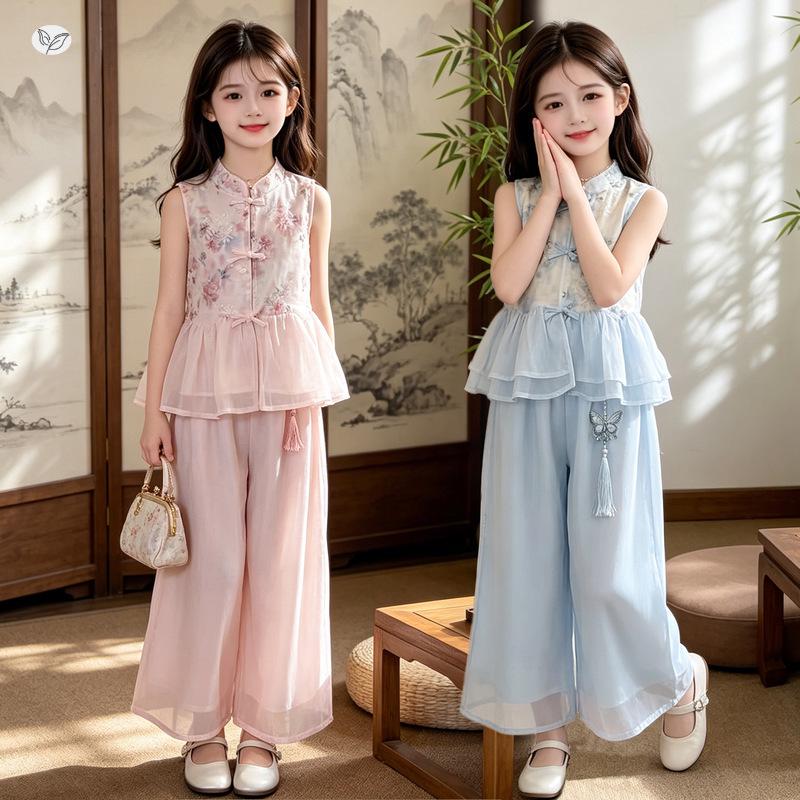 Girls' Summer Hanfu Sleeveless Top & Wide-Leg Pants Set