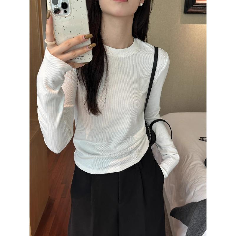 Gray Long-sleeved Bottoming Shirt for Women, Spring and Autumn New Style High-end T-shirt, Slim Solid Color Slimming Top