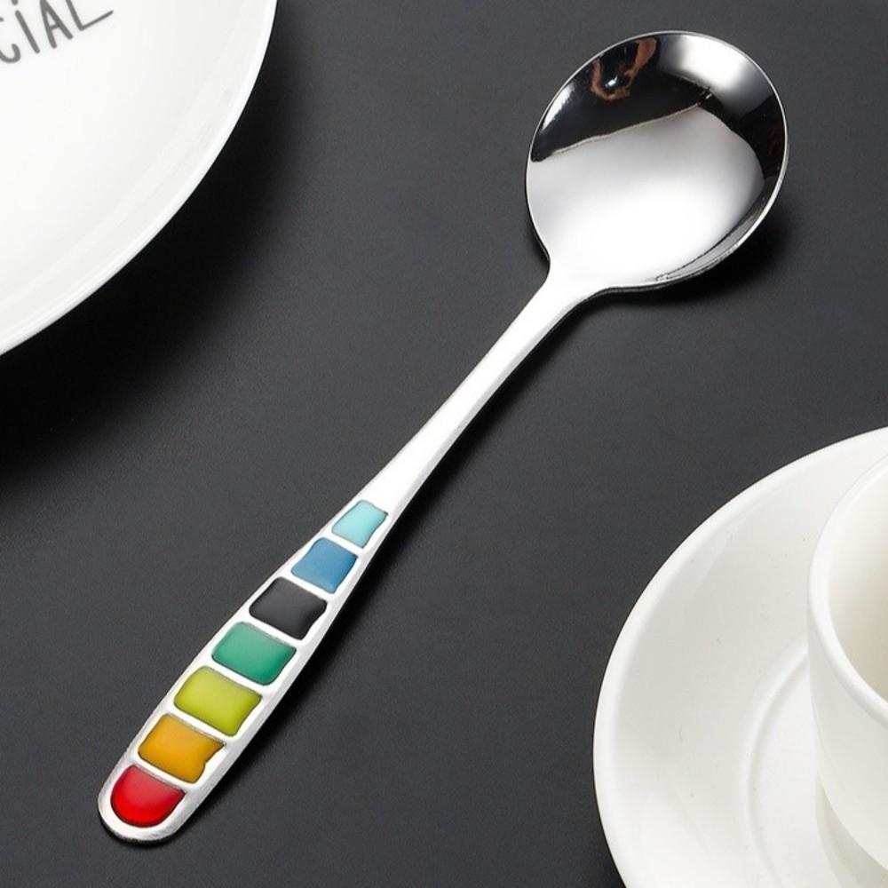 Tableware Round Head Soup Spoon Stainless Steel Deepened Serving Spoon Long Handle Colorful Rust-Proof Spoon Porridge