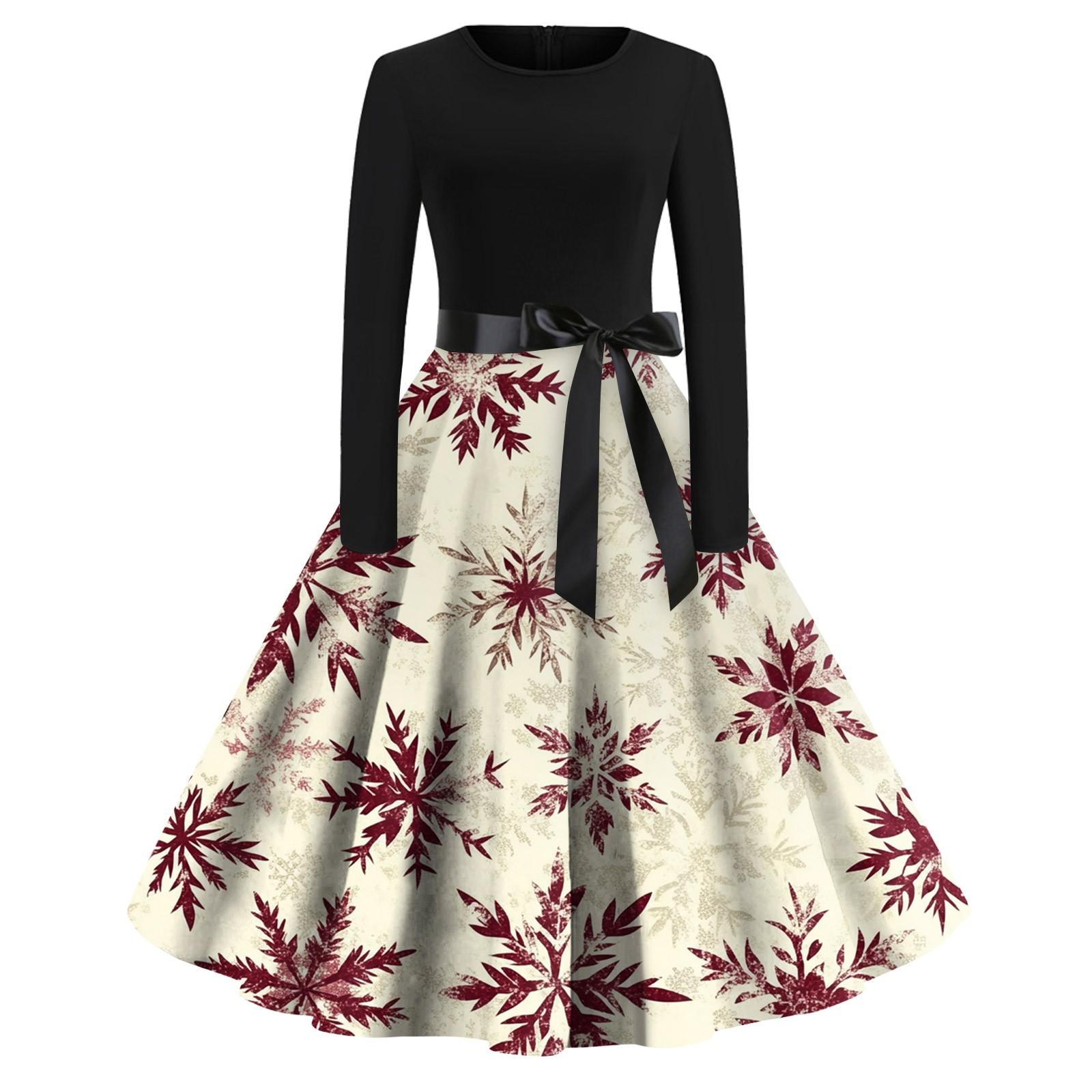 

Женское модное винтажное платье с длинным рукавом и круглым вырезом с рождественским принтом S