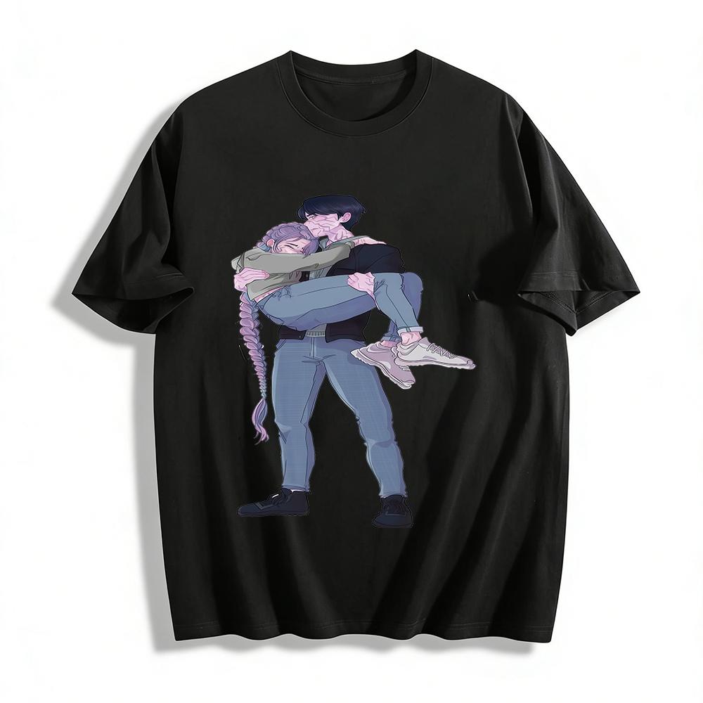 

Anime Style Scarred Boyfriend Carrying Girlfriend Print Couple T-shirts Niche Sweet Cool Anime Peripheral Tees Pure cotton T-shirt XXS
